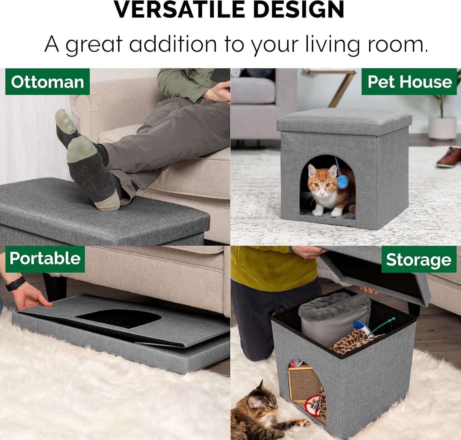 Pet House for Cats and Small Dogs - Collapsible Living Room Ottoman Footstool Cat Cave Condo Storage, Stormy Gray, Small