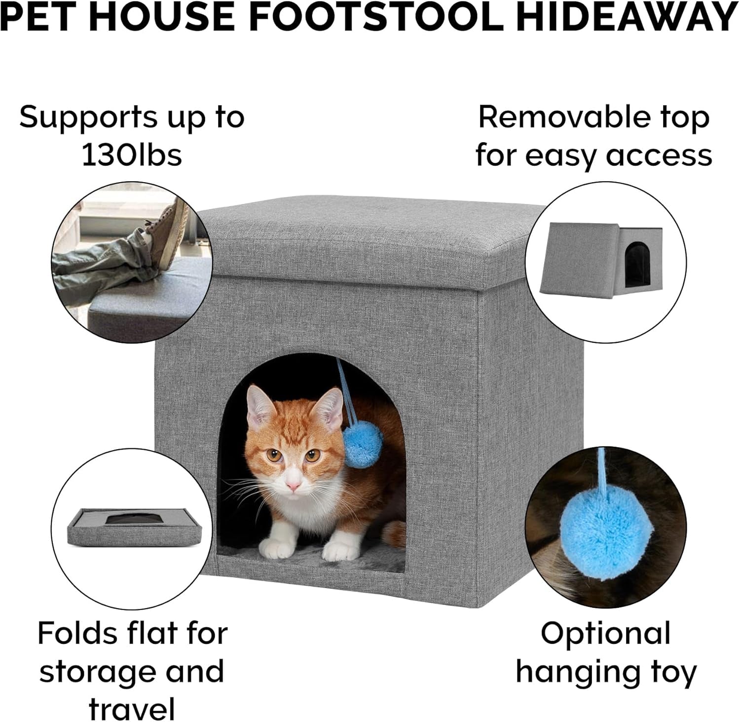 Pet House for Cats and Small Dogs - Collapsible Living Room Ottoman Footstool Cat Cave Condo Storage, Stormy Gray, Small